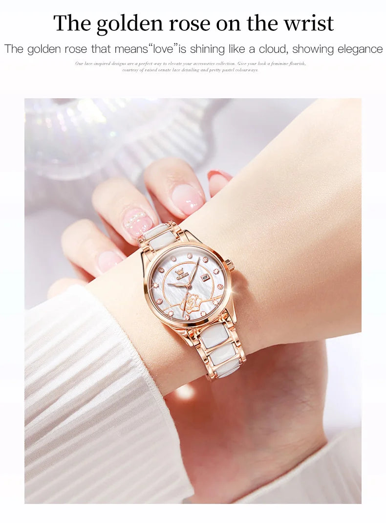 OLEVS 3606 Luxury Women Watch Camellia Quartz Japan Movement 30M Waterproof Watch For Women Ceramics Women Mechanical Watch