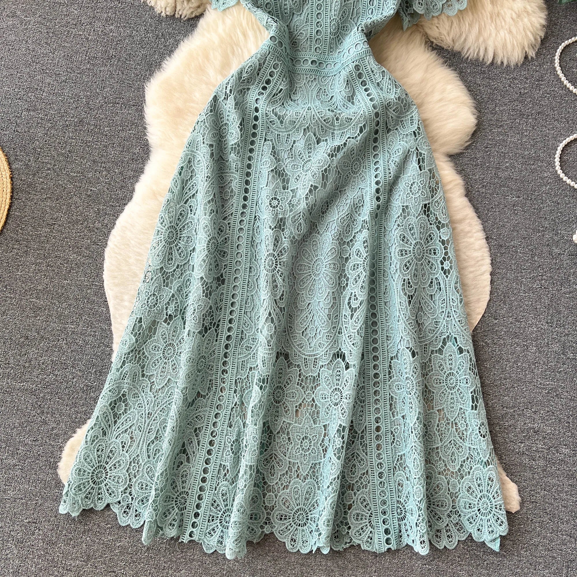 Embroidery Crochet Hollow Out Lace Dress For Women Summer Fashion Runway Short Sleeve Slim Waist Casual Party Midi Vestidos 6931