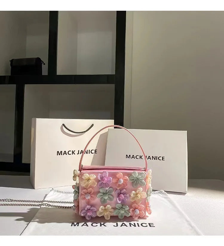 Luxury Satin Appliques Floral Square Bag Women's Handbag Fashion Evening Bag Wedding Party Clutch Purse Shoulder Crossbody Bag