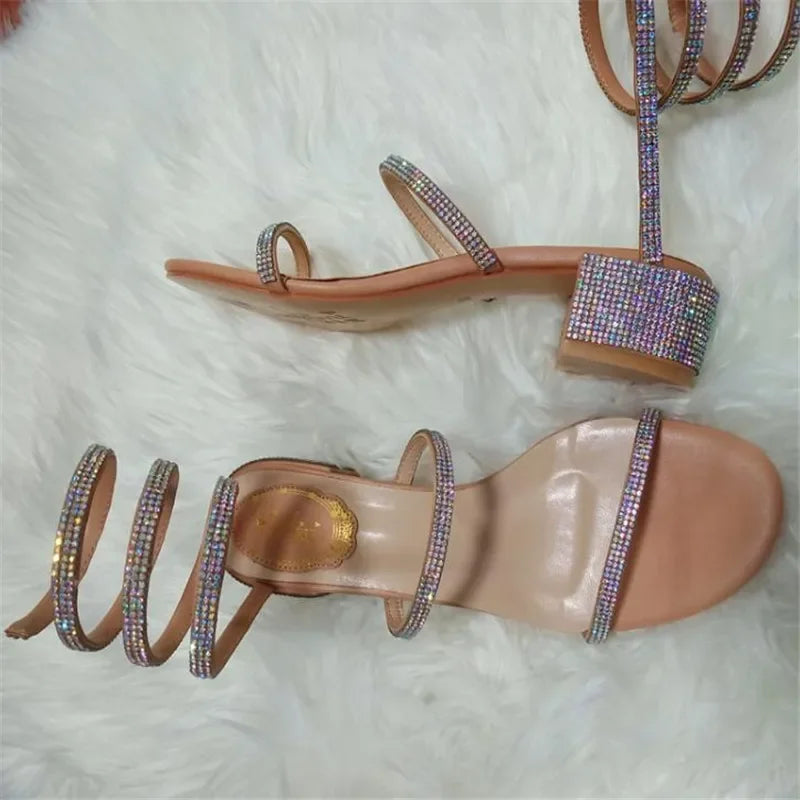 Summer Fashio 4CM Thick Heel Gladiator Sandals Women Flat Sandals Snake Punk Rhinestone Women Sandals Wedding Shoes
