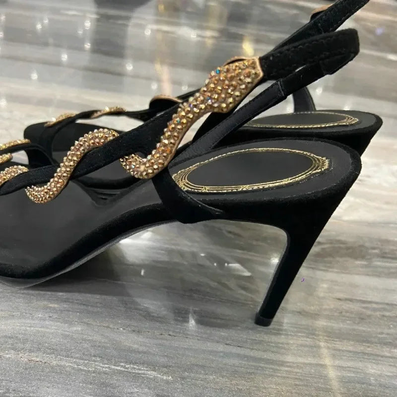 2025 Female New Serpentine Line With Fine Heel French Sandals Female Summer Drill Side Empty Sexy Open-Toed High Heels