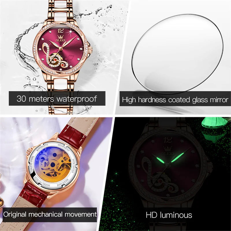 OLEVS Ceramic Diamond Women Watches Luxury Brand Musical Note Automatic Mechanical Watch Women Relogio Feminino Gift