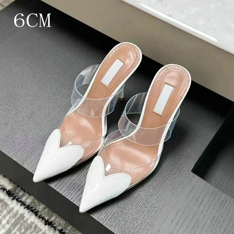 2025 Colorful Heart-Shaped Transparent Sexy Patchwork Color Sandals Women'S Half-Toe Pointed Toe Slippers 6cm/8cm/10cm