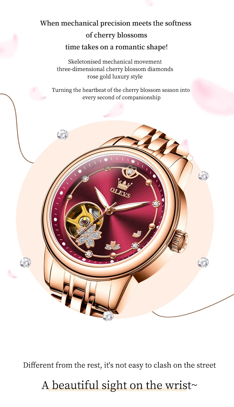 OLEVS Original Rhinestone Flower Design Watch Women's Luxury Rose Gold Watch Wine Red Automatic Mechanical Watch Birthday Gift