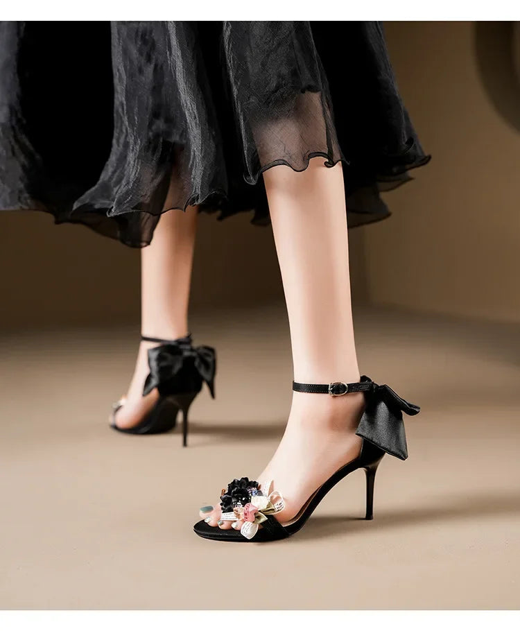 Summer Fashion Shoes Woman Pumps Open Toe Satin Flower Bow Buckle High Heels Ladies Sandals Women's Dress Wedding Party Shoes