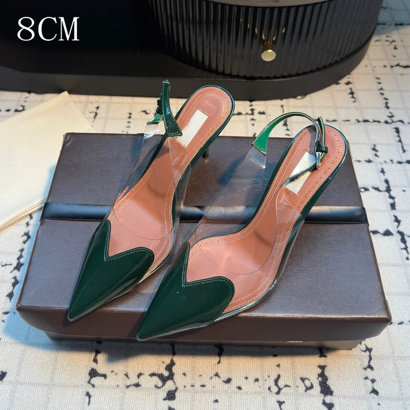 2025 New Pointy Peach Heart Fine Heel Shoes Sexy Pvc Transparent Film Black Patent Leather High Heel Overhead Sandals