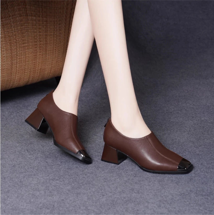Deep mouth single shoe women's thick heel genuine leather middle heel women's soft leather soft sole square toe leather shoes