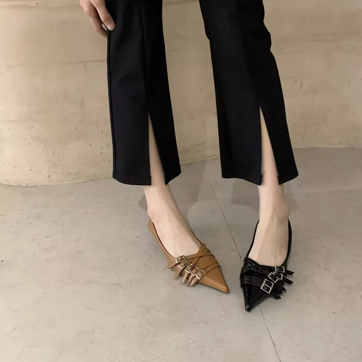 Thin Heeled Square Buckle High Heels for Women 2025 New French Style Shallow Mouth Low Heel Small Leather Shoes