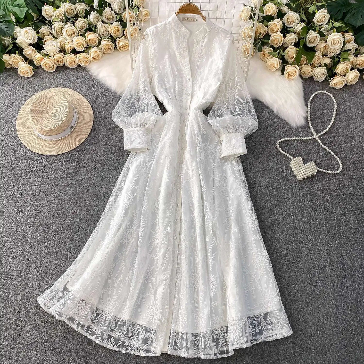 Autumn Embroidery Formal Evening Luxury Dress For Women Long Sleeve Crochet Lace Summer Dresses Single Breasted Party Vestidos