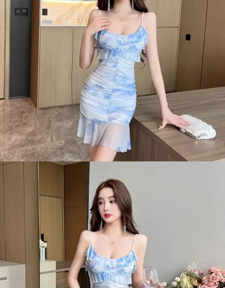 Summer French Pure Sexy Mesh Printed Suspender Dress Waist Pleated Bag