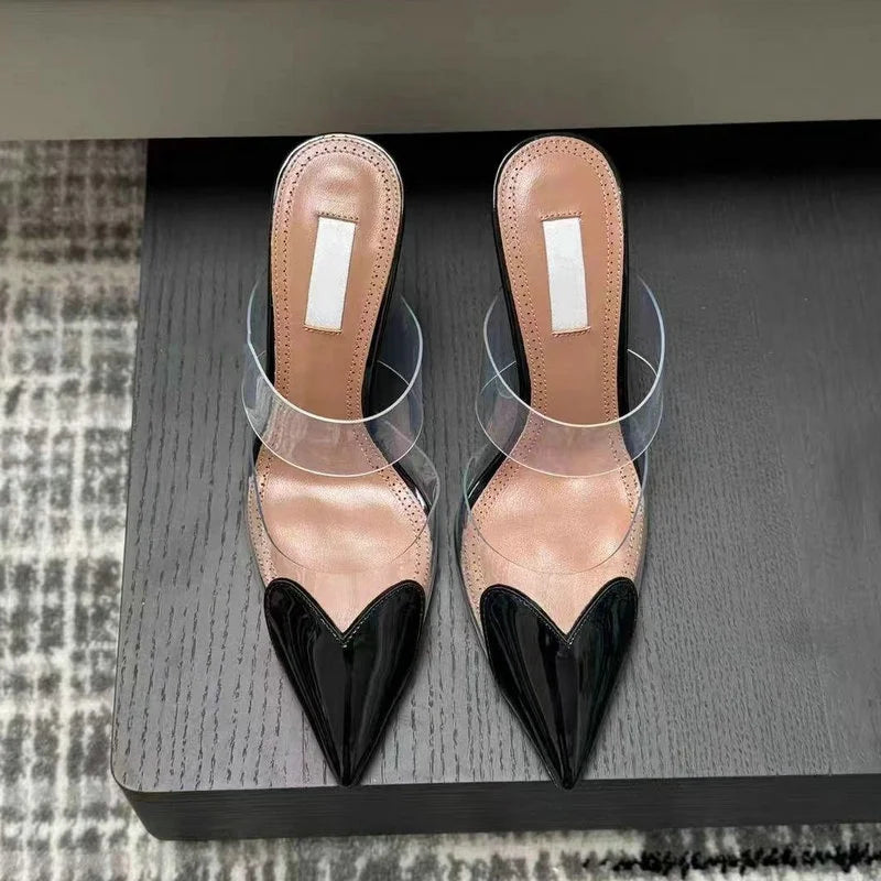 2025 Colorful Heart-Shaped Transparent Sexy Patchwork Color Sandals Women'S Half-Toe Pointed Toe Slippers 6cm/8cm/10cm