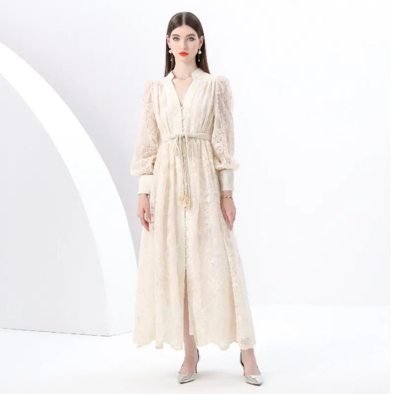 Luxury High-end Women Clothing Dress Spring Fitted Waist Embroidery V-neck Bell Sleeves Long Sleeves Single-breasted Long Dress