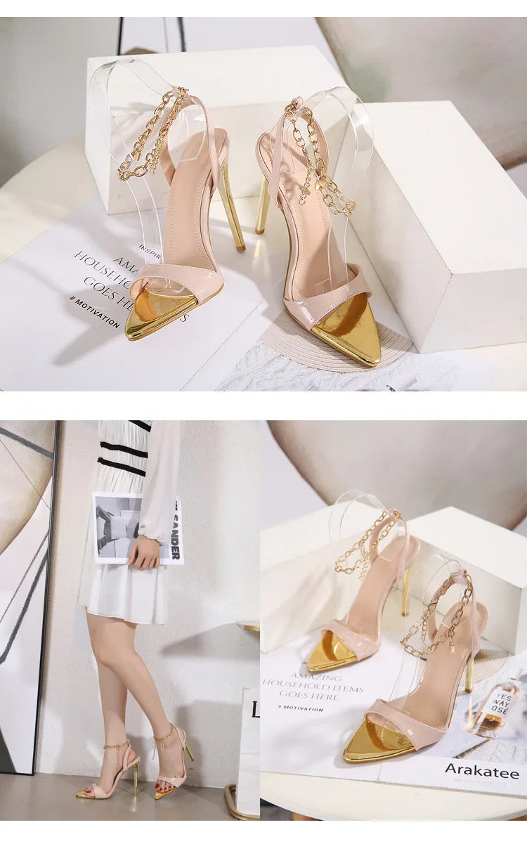 New Summer Sandals Women Fashion Gold Chain Ankle Strap Sexy Peep Toe Ladies Metal High Heels Sandals Woman Party Shoes Pumps