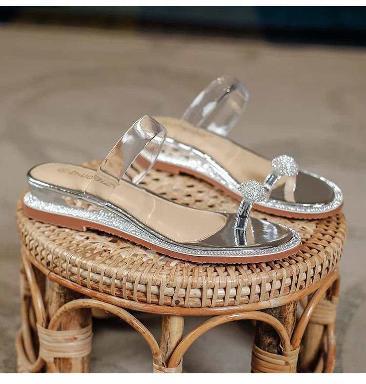 Rhinestone Fashion Sandals 2024 New Wedge Silver Sexy Women Summer Sandals Transparent Slippers