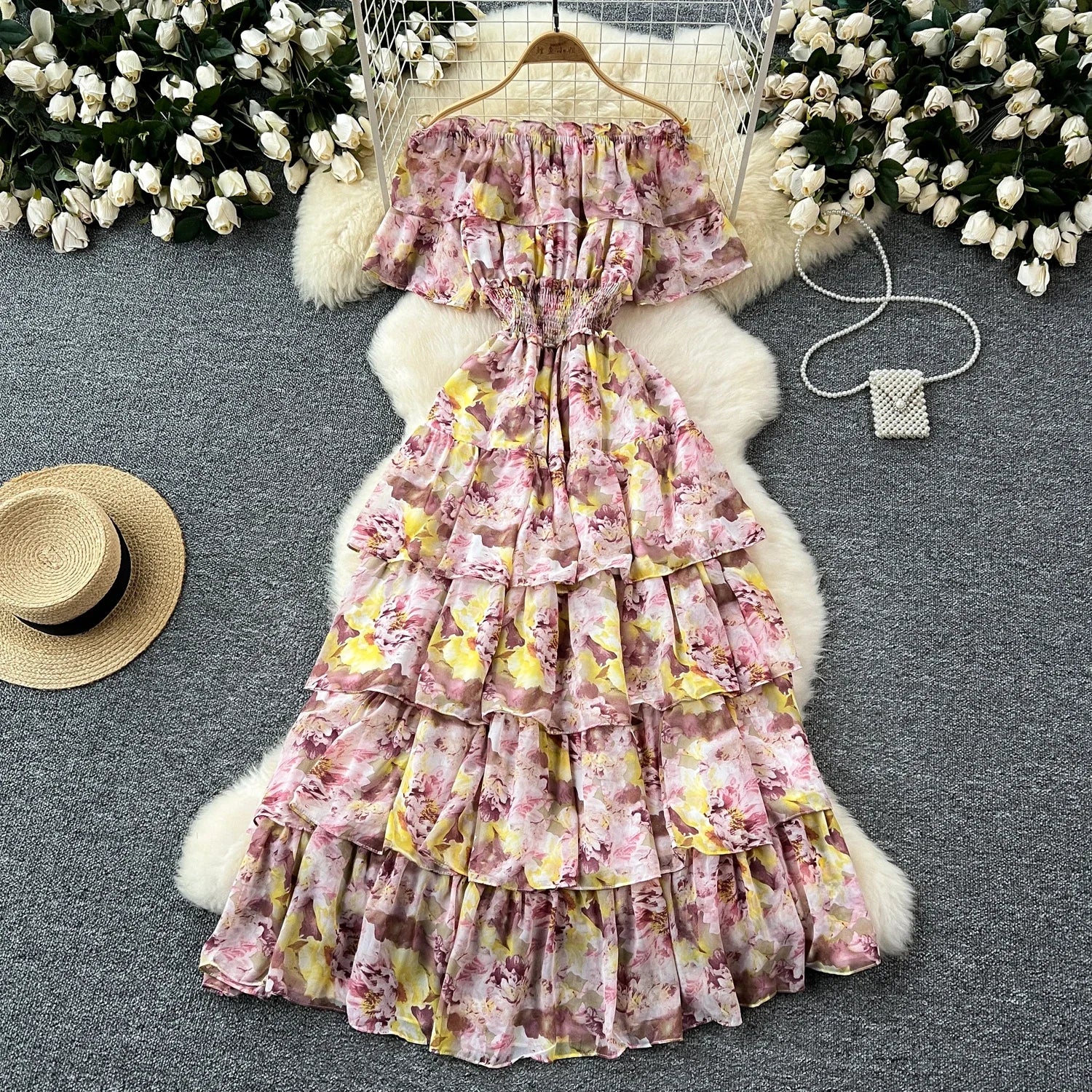 French Vintage Off Shoulder Short Sleeve Ruffle Tiered Long Dresses Chic Casual Beach Vacation Women Summer Chiffon Clothing