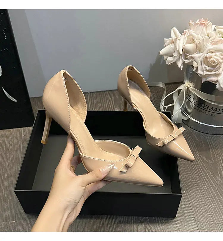 New Autumn Patent Leather Nude High Heels Thin Heel Pointed Bow Korean Version Summer Senior Feeling Hollow Female Pumps