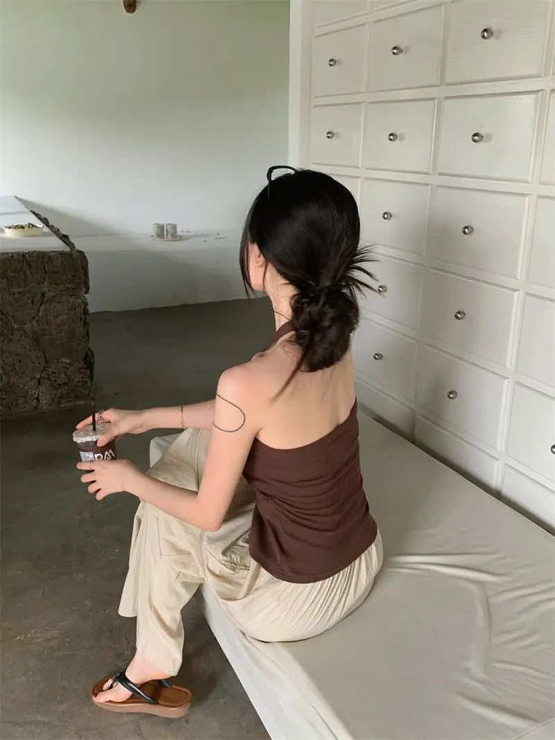 Sexy Spicy Girl Pure Color Design V-Ne Hanging Ne Vest Women's Summer Slim ort Matched with Chest Pad Top