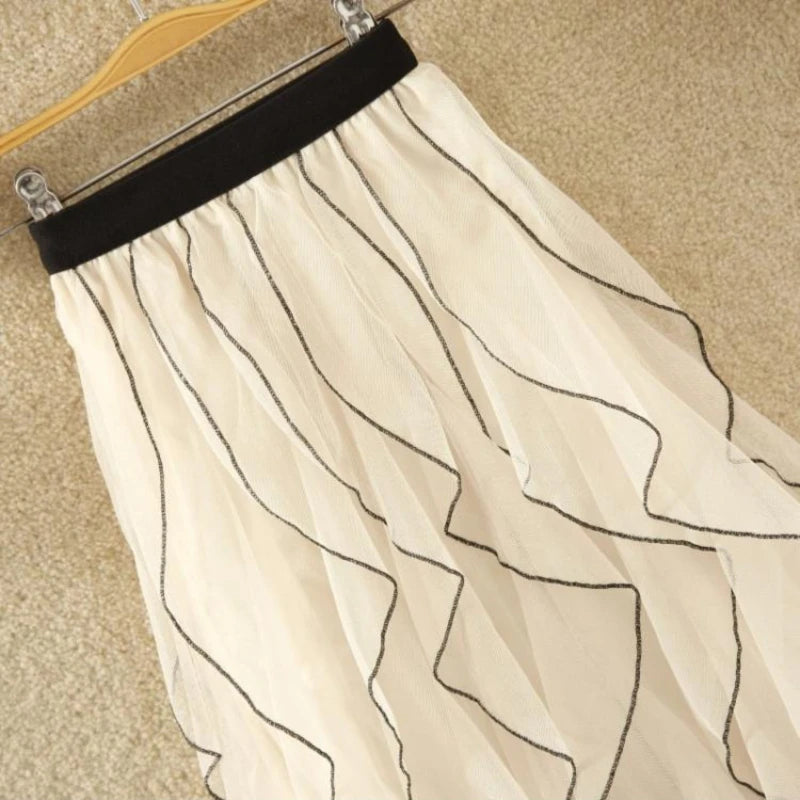 Women's Elegant Wave Pattern Fairy Mesh Ruffle Skirt High Waist A-Line Large Swing Long Skirt Half Body Skirts Ropa Para Mujer