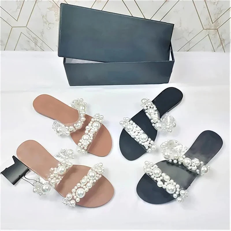 Bohemian Style Women's Pearl Open-Toe Flat Sandals Crystal Flip-Flops Summer New 2025 Transparent Flat Sandals
