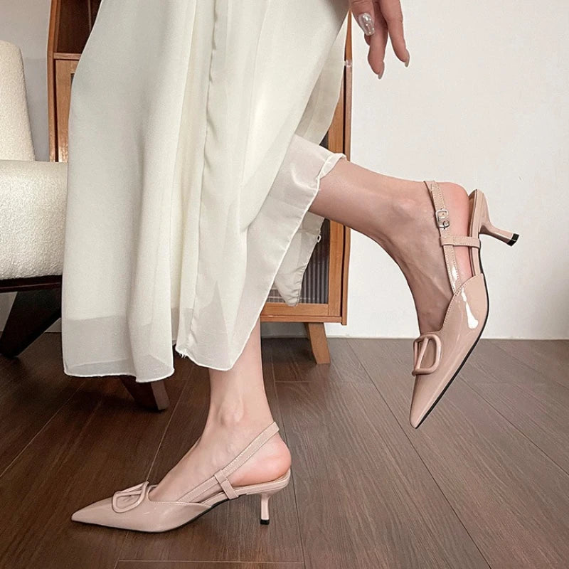 2025 Summer New 41-42 Large Size French Sandals Women's V Buckle Pointed Stilettos, Rear Empty Skirt High Heels