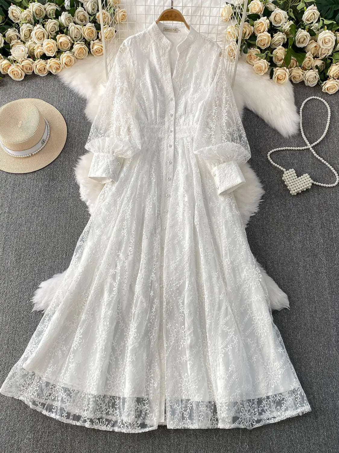 Autumn Embroidery Formal Evening Luxury Dress For Women Long Sleeve Crochet Lace Summer Dresses Single Breasted Party Vestidos