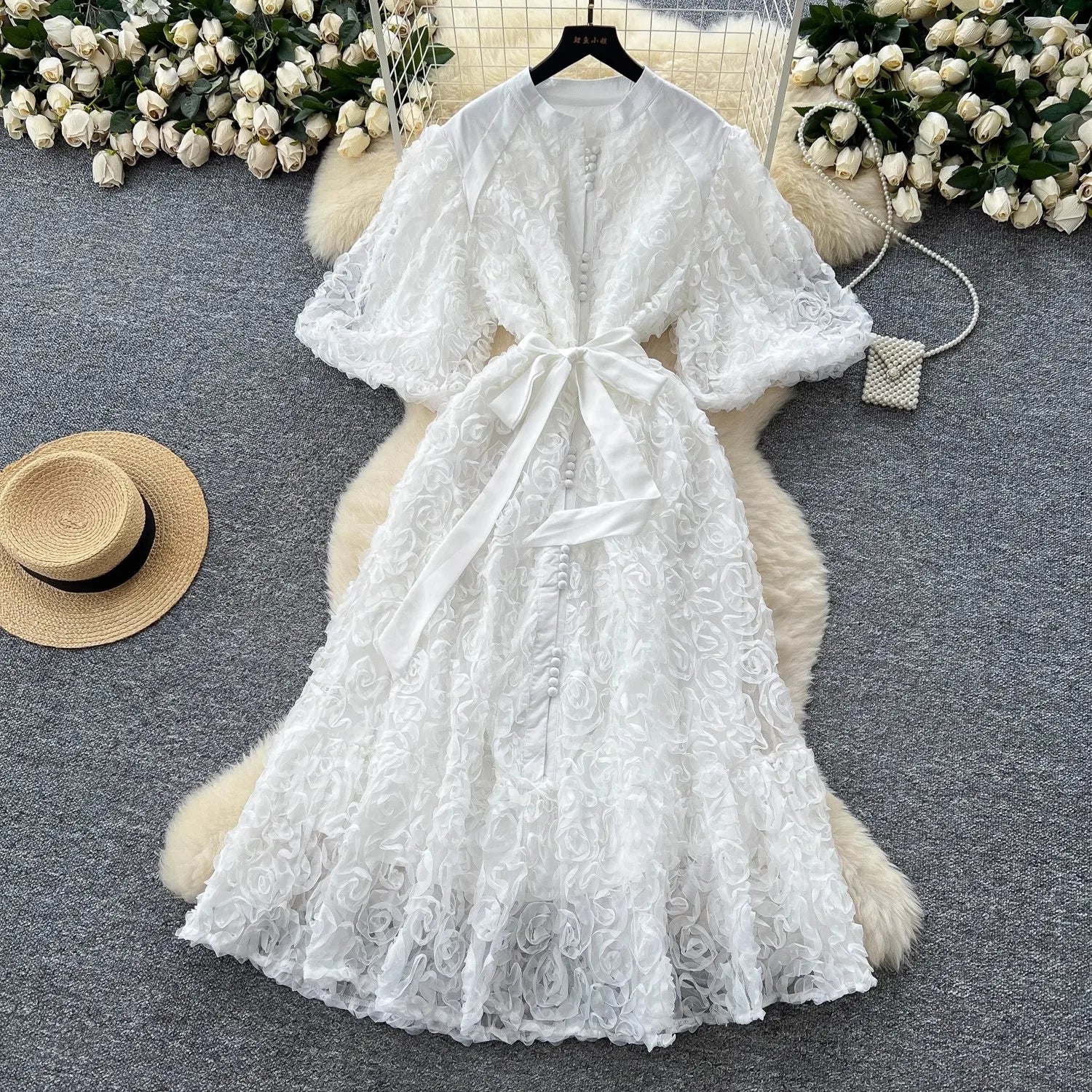 Luxury 3D Flower Formal Evening Dress Women Summer Single Breasted Loose Oversize Belt Lace Up Long Dresses Female Party Vestido