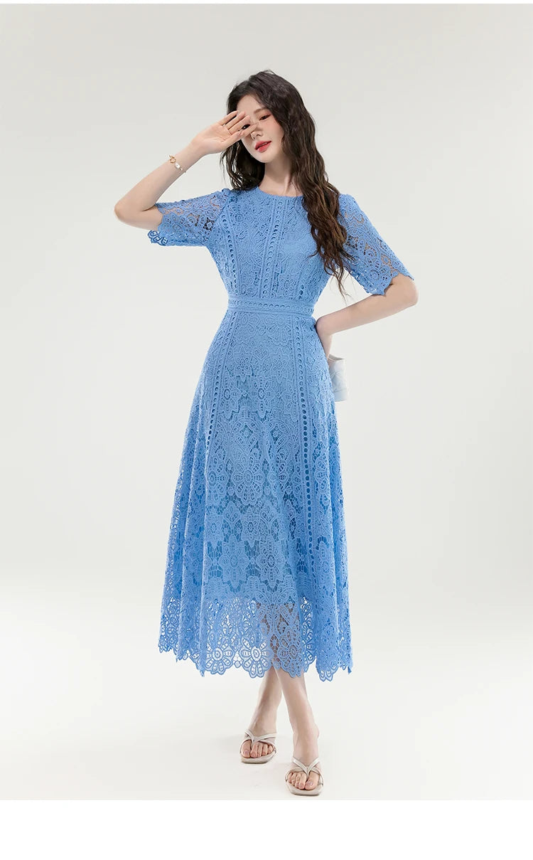 High Quality Lace Hollow Out Women Long Elegant Office Dress Summer French Chic Casual Vintage Purple Short Sleeve A-line Dress