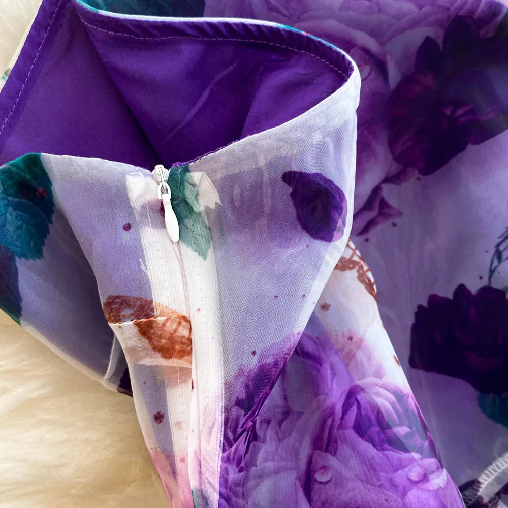 American Chic Maxi Dress for Women Floral Printed Skew Collar Sleeveless Female Dresses A-line Evening Club Vestidos Dropship