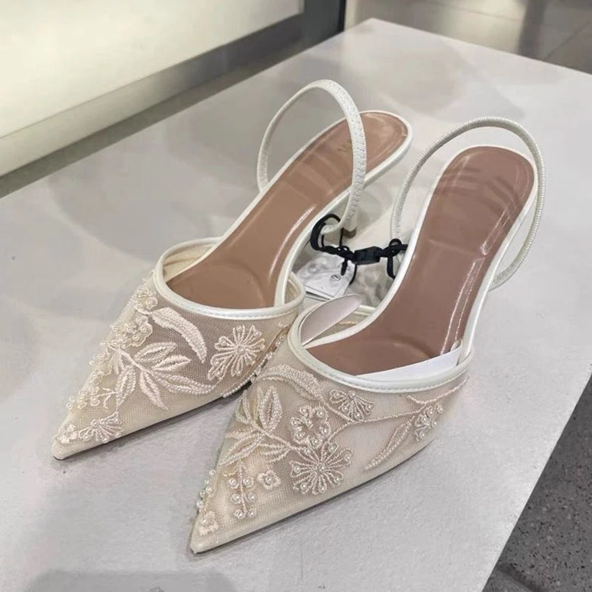 Brand Designer White Women Pumps Mesh Embroidered Flowers Back Strap Sexy Slingback High Heels Dress Wedding Shoes for Ladies