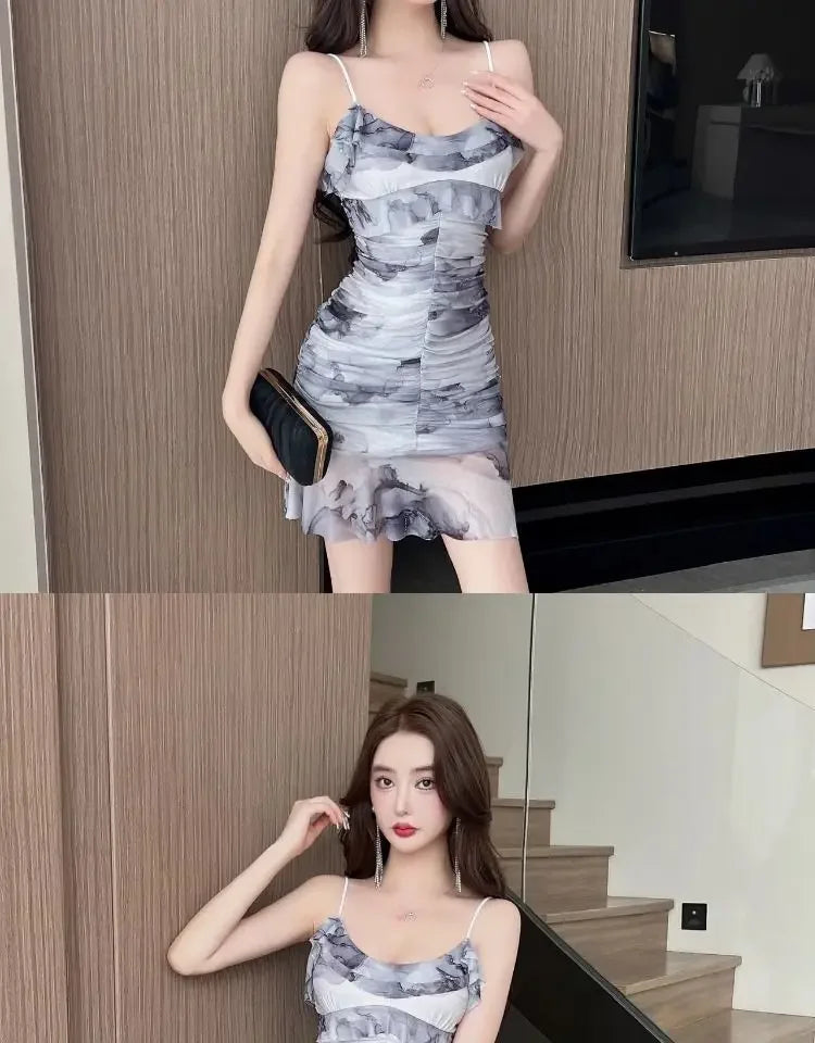 Summer French Pure Sexy Mesh Printed Suspender Dress Waist Pleated Bag