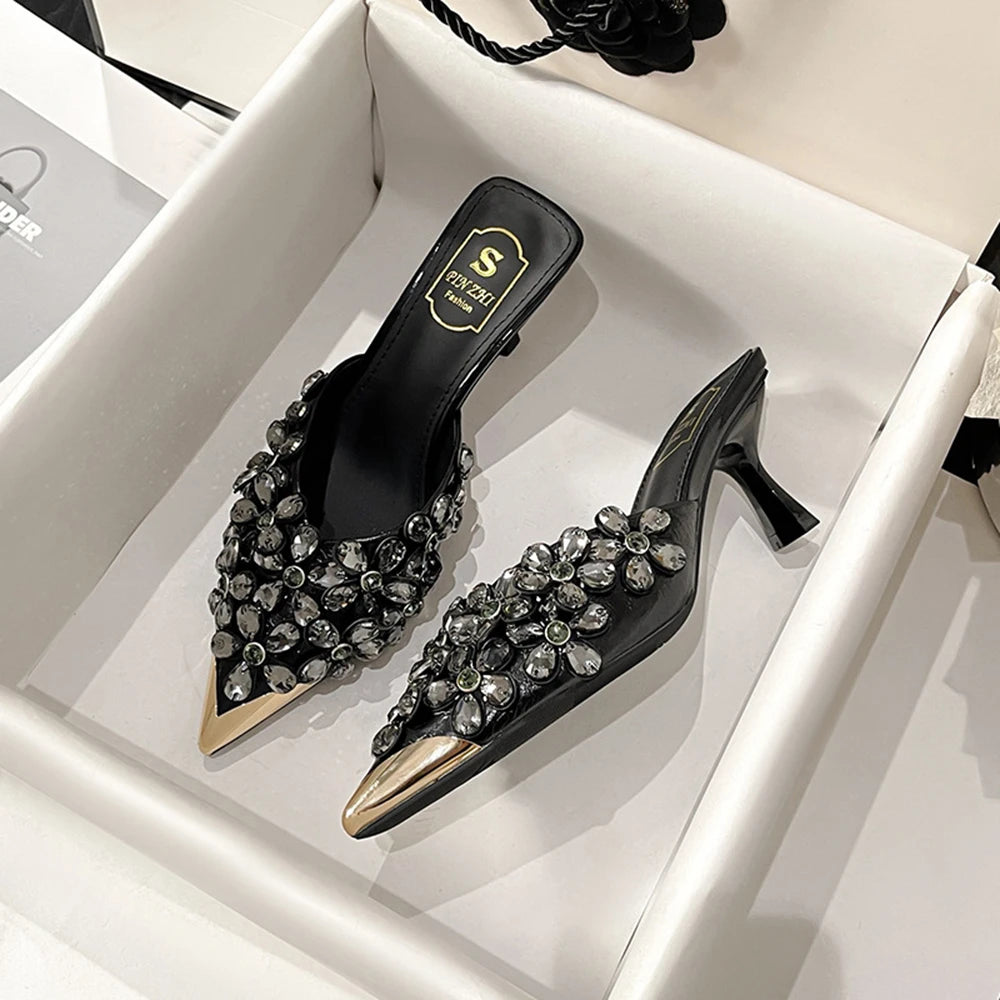 Summer Women High Heel Shoes Plus Size Fashion Rhinestone Women Slippers Point Toe Heel Half Slippers Designer Sexy Party Shoes