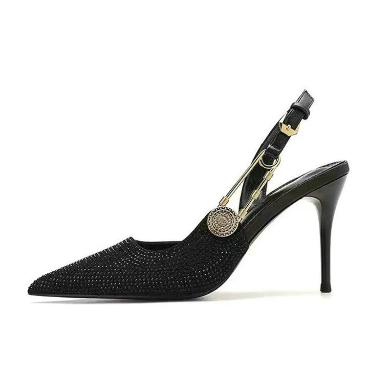 2025 Pointed-Toe Diamond High Heels For Women, Black Tight French Sexy Luxury Hollow Sandals
