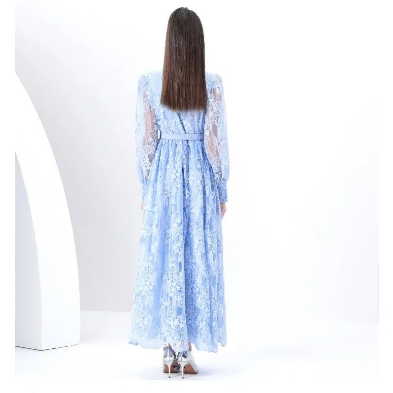 Luxury High-end Women Clothing Dress Spring Fitted Waist Embroidery V-neck Bell Sleeves Long Sleeves Single-breasted Long Dress