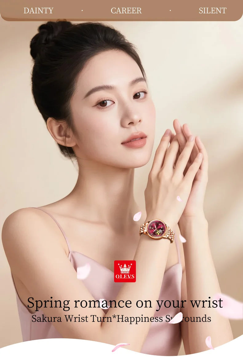 OLEVS Original Rhinestone Flower Design Watch Women's Luxury Rose Gold Watch Wine Red Automatic Mechanical Watch Birthday Gift