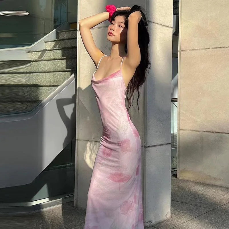 European and American Women's Fashion New Sweet and Spicy Style Off-Shoulder Mesh Printed Long Camisole Dress