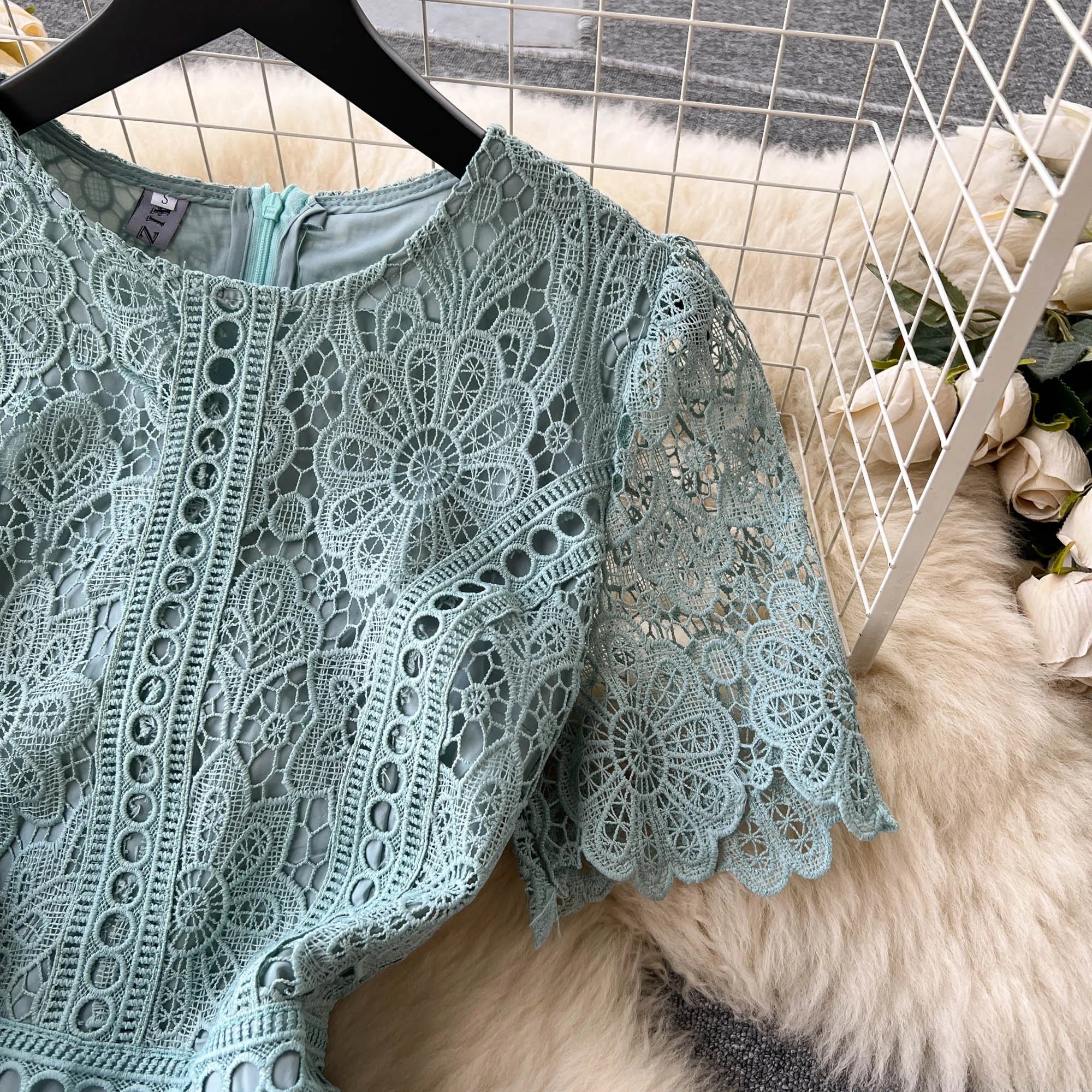 Embroidery Crochet Hollow Out Lace Dress For Women Summer Fashion Runway Short Sleeve Slim Waist Casual Party Midi Vestidos 6931