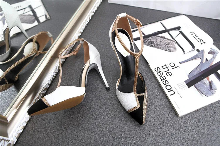 Spring and summer pointed toe hollow patent leather shoes thin high-heeled banquet dress large size small size women's sandals