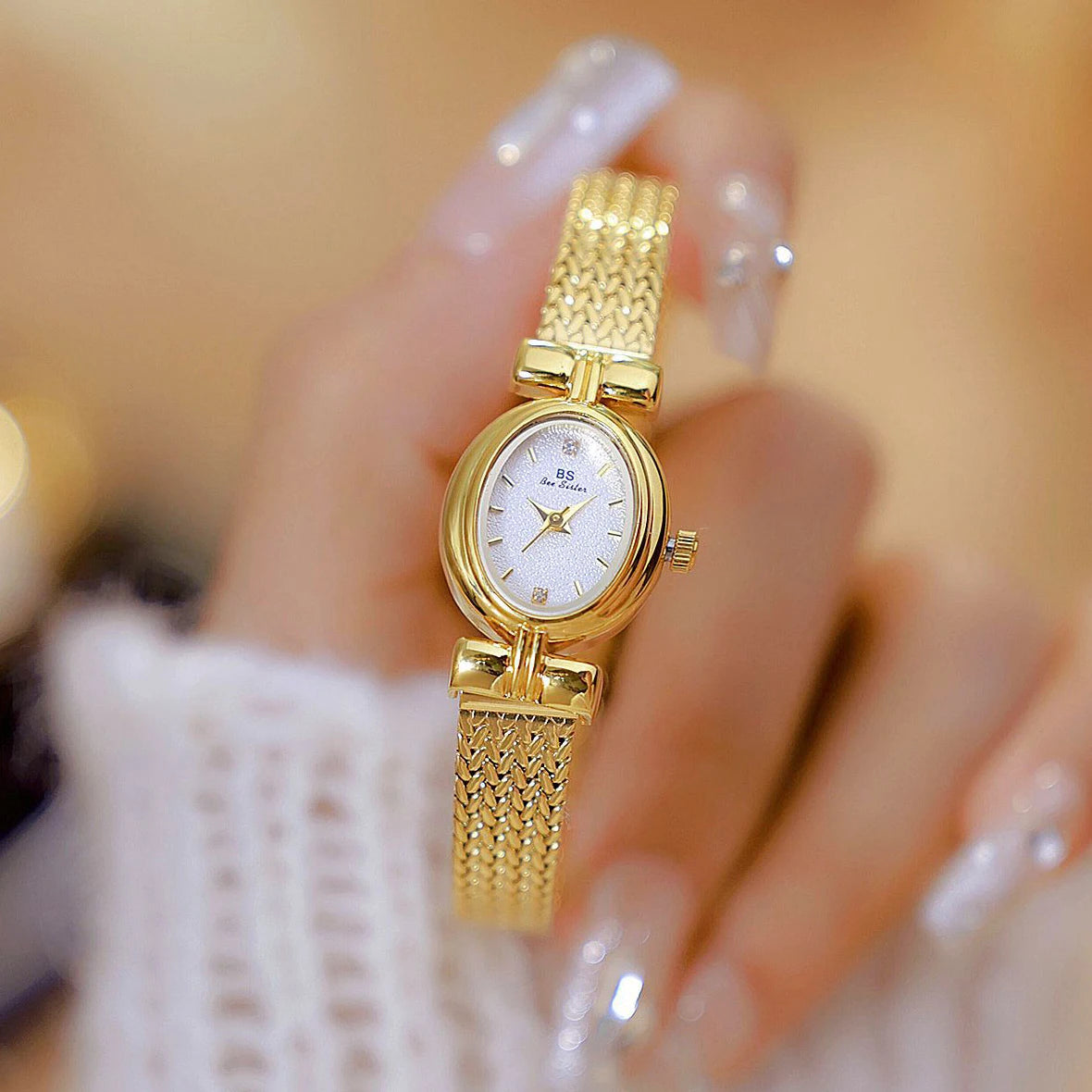 BS Original Brand Watch For Woman Oval Gold Mesh Strap Vintage Watch Women Ladies Quartz Watches Luxury Birthday Gifts Women