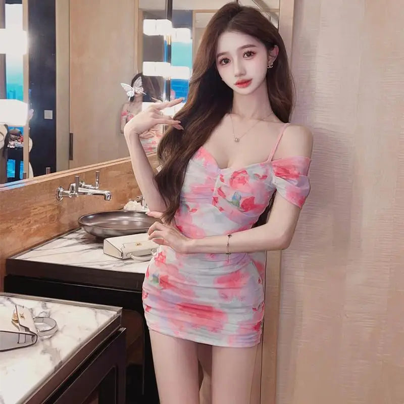 Pure Desire Off Shoulder Printed Bodycon Dress  Stretch Mesh French Niche Design