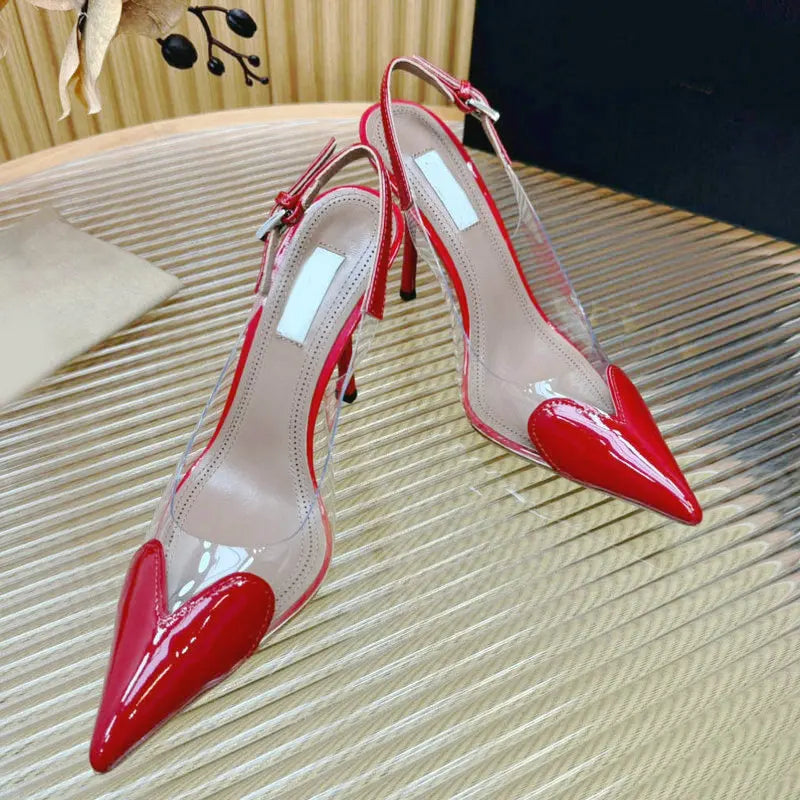 2025 New Pointy Peach Heart Fine Heel Shoes Sexy Pvc Transparent Film Black Patent Leather High Heel Overhead Sandals