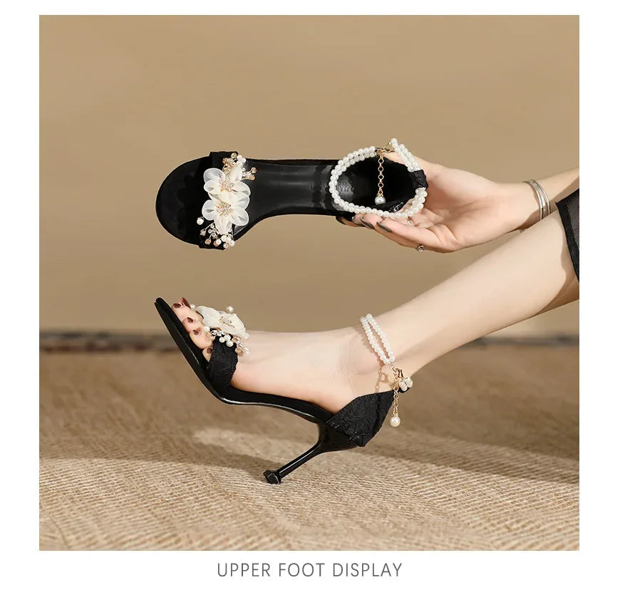 Small Size 31 32 33-43 Women Peep Toe Sandals Wedding Heels Wide Fat Feet Shoes for Women Pearl Flower Bridal Shoes Zaptos Mujer