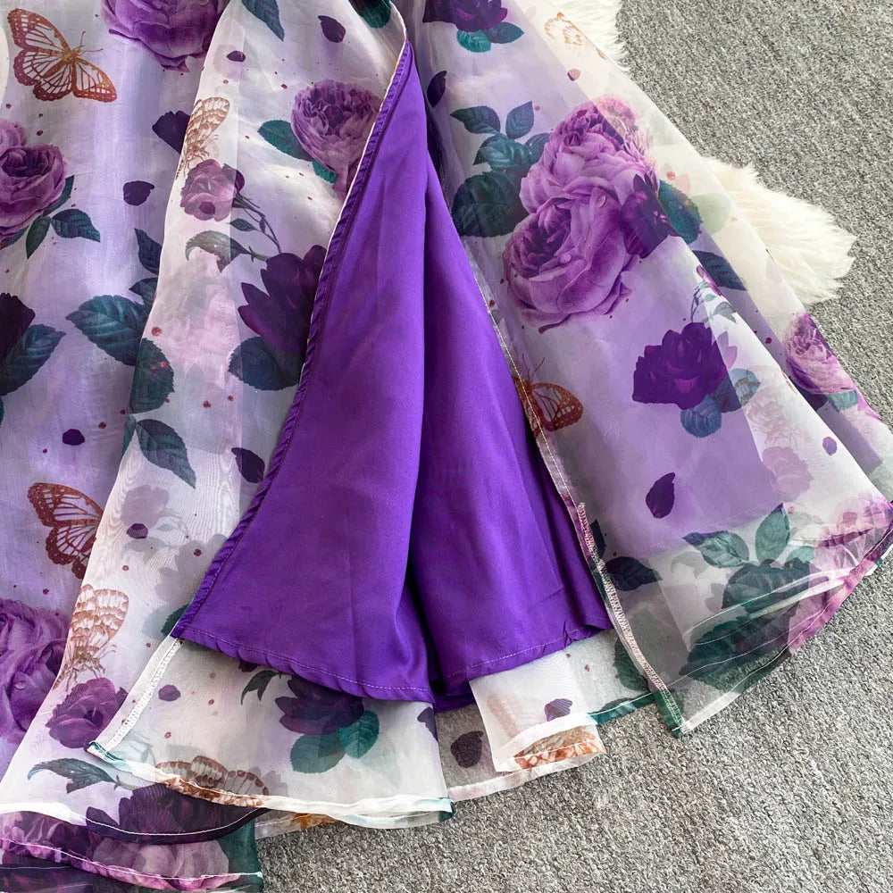 American Chic Maxi Dress for Women Floral Printed Skew Collar Sleeveless Female Dresses A-line Evening Club Vestidos Dropship