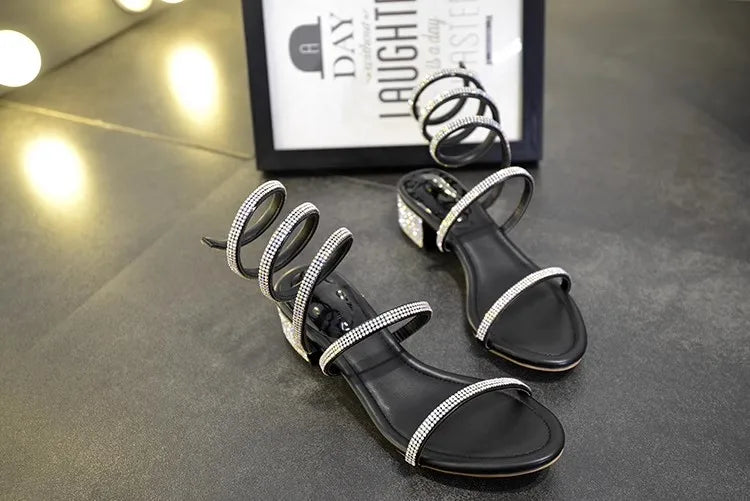 Summer Fashio 4CM Thick Heel Gladiator Sandals Women Flat Sandals Snake Punk Rhinestone Women Sandals Wedding Shoes