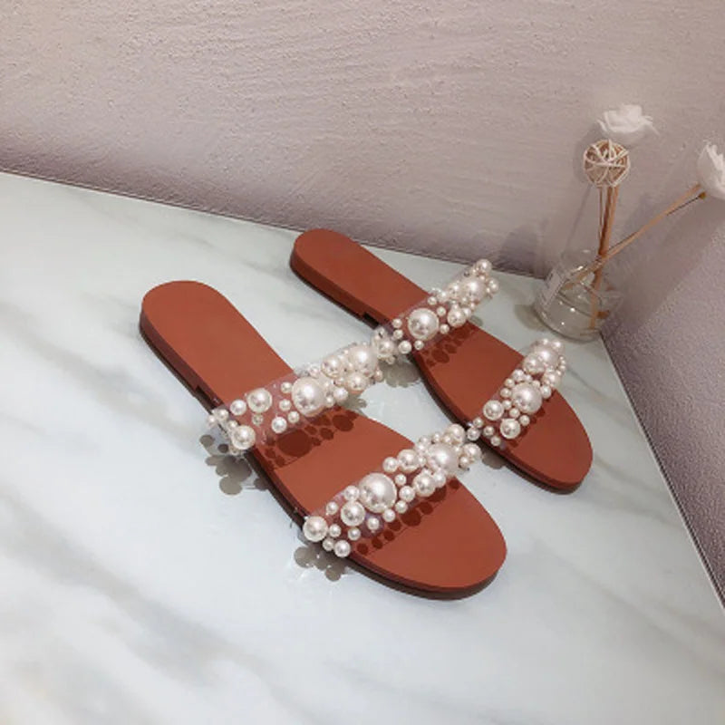 Bohemian Style Women's Pearl Open-Toe Flat Sandals Crystal Flip-Flops Summer New 2025 Transparent Flat Sandals