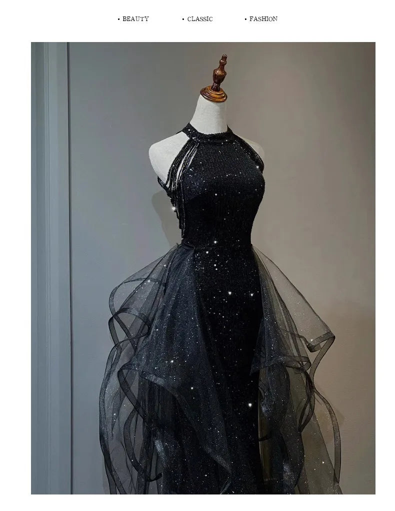 Black Sequined Evening Dress, High-end Light Luxury Hanging Neck Dress, High-end Feeling, Annual Meeting Art Exam for Women