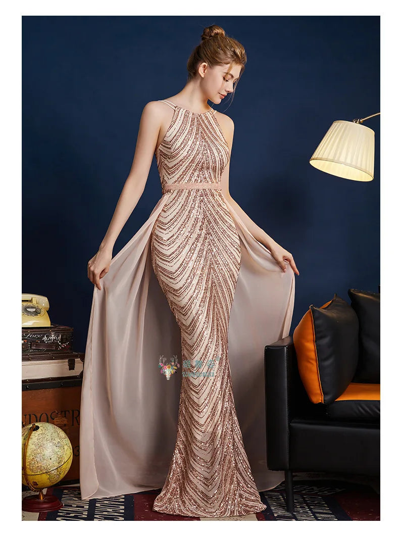 Chic High Sleeveless Sexy Backless Beading Sequined Mermaid Formal Evening Dresses Birthday Party Prom Gowns Elegant Luxury