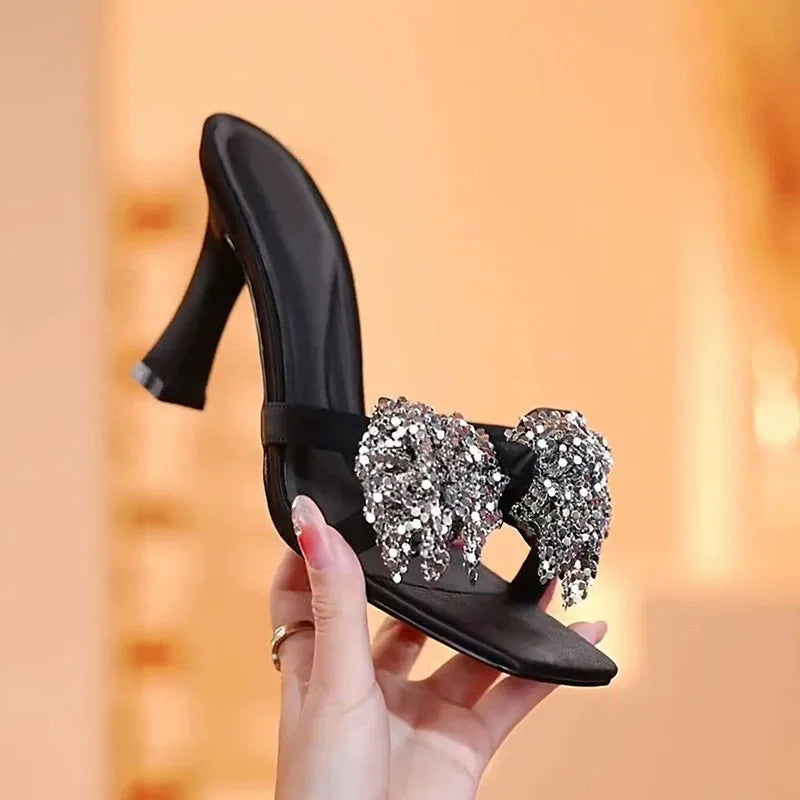 Bling Bow High Heels Women Sandals Square Toe Slippers Woman Shoes Summer 2025 Brand New Chunky Shoes Flip Flops Sexy Pumps