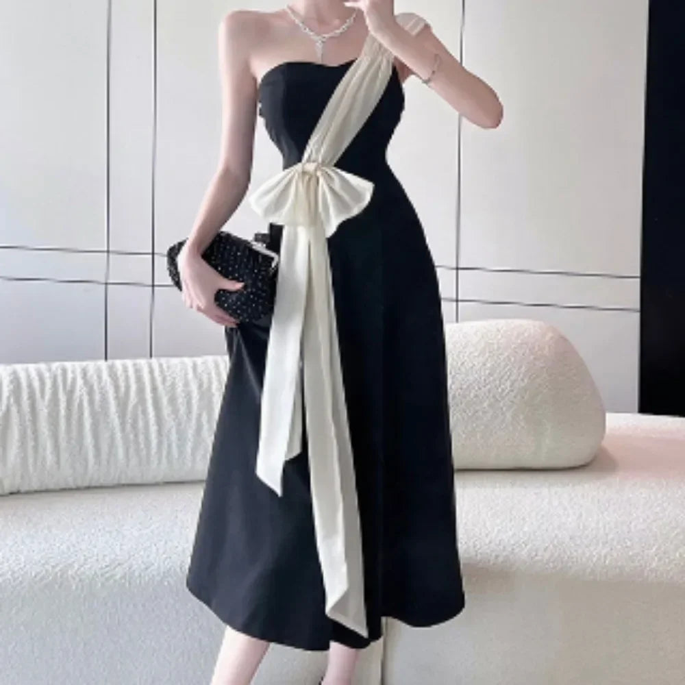 Chic Elegant Sleeveless Strapless Dress Beach Vacation Party Diagonal Collar Single Shoulder Dress Women Summer A-line Vestidos