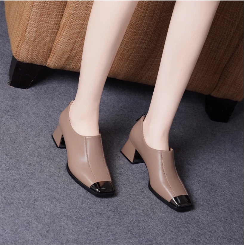 Deep mouth single shoe women's thick heel genuine leather middle heel women's soft leather soft sole square toe leather shoes