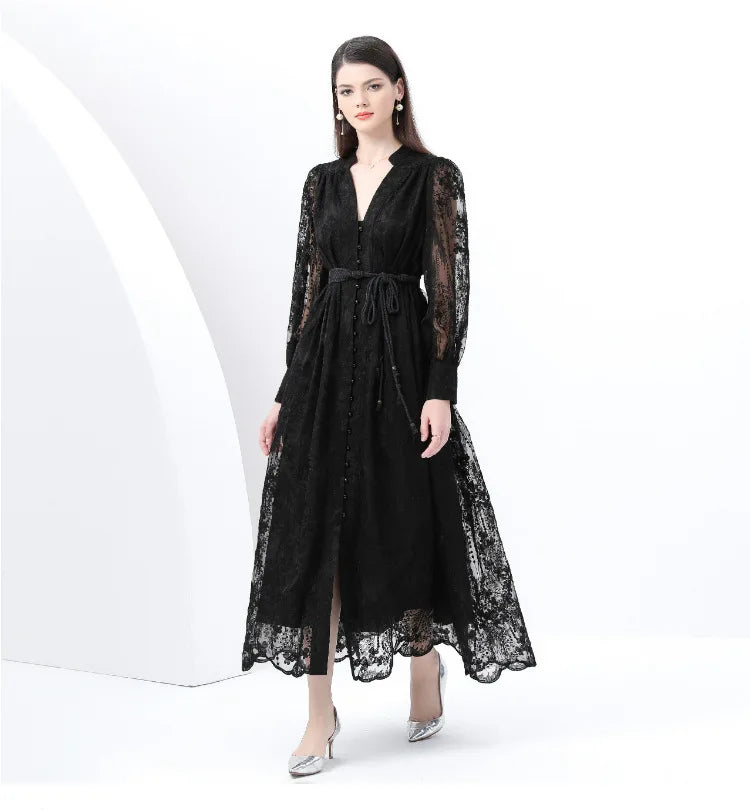 Luxury High-end Women Clothing Dress Spring Fitted Waist Embroidery V-neck Bell Sleeves Long Sleeves Single-breasted Long Dress